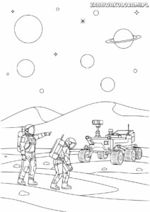 Kosmonauci w kosmicznych skafandrach na Marsie obok pojazdu księżycowego