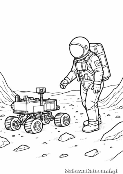 Kosmonauta w skałach z rowerem kosmicznym