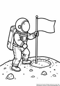 Kosmonauta w pełnym kombinezonie spacerowym na Ksiżycu trzymający flagę