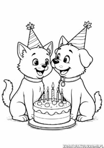 Kot i Pies urodzinowa Kolorowanka z uśmiechniętymi psami i tortem urodzinowym