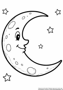 Księżyc z uśmiechniętą twarzą otoczony gwiazdami