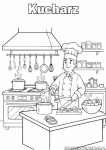 Kucharz Kolorowanka - Kucharz gotujący w kuchni z garnkami i narzędziami