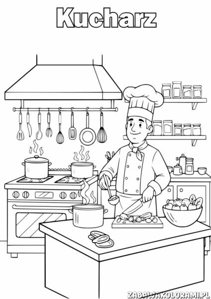 Kucharz Kolorowanka - Kucharz gotujący w kuchni z garnkami i narzędziami