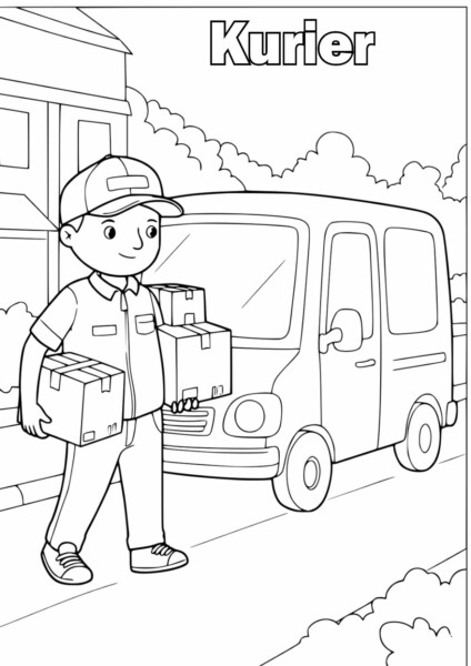 Kurier Kolorowanka przedstawiająca kuriera z paczkami obok furgonetki dostawczej.