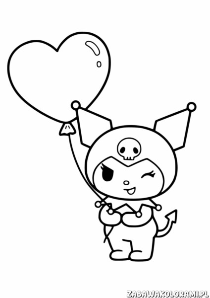 Kuromi Malowanka - kolorowanka z postacią trzymającą balon w kształcie serca