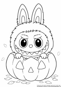 Labubu Halloween Kolorowanka przedstawia zabawnego potwora w dyni, gotowego do kolorowania