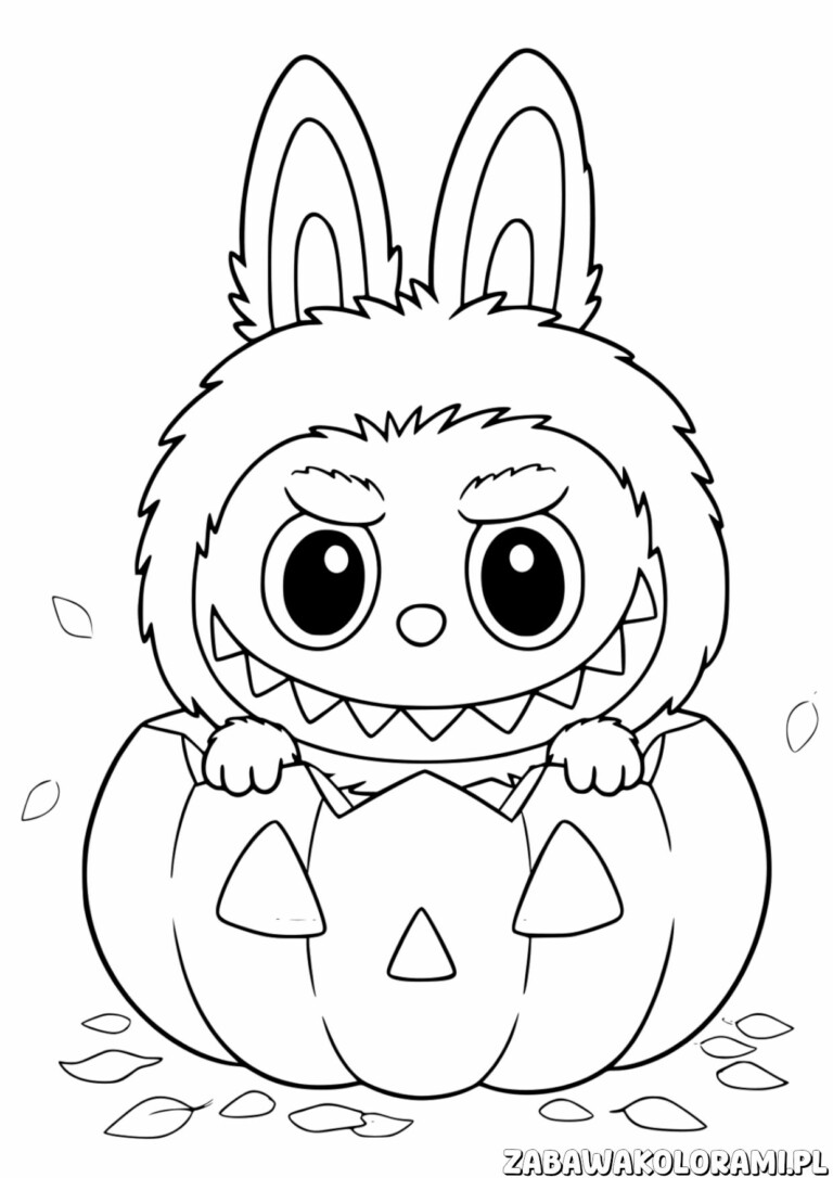 Labubu Halloween Kolorowanka przedstawia zabawnego potwora w dyni, gotowego do kolorowania