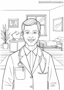 Lekarz Kolorowanka - Doktora z słuchetką w gabinecie. Kolorowanka dla dzieci.