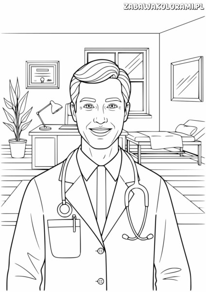 Lekarz Kolorowanka - Doktora z słuchetką w gabinecie. Kolorowanka dla dzieci.