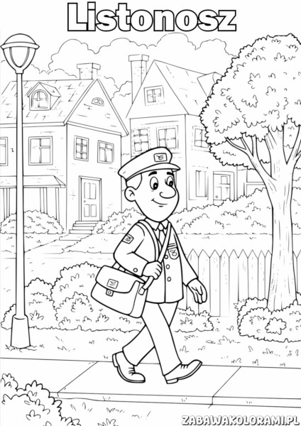 Listonosz Kolorowanka: Listonosz w mundurze z torebką na listy, spaceruje w mieszkalnej okolicy.