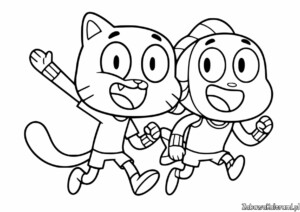 Malowanka Gumball przedstawia dwóch bohaterów biegających razem, wypełniona kolorami i gotowa do zabawy.