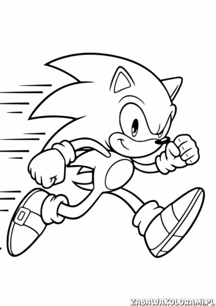 Kolorowanka przedstawia Sonic the Hedgehog w dynamicznej pozie biegu