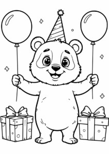 Miś urodzinowy kolorowanka: Misio w kapeluszu urodzinowym z balonami i prezentami