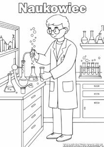 Naukowiec Kolorowanka - naukowiec w laboratorium z probówkami i kąpieliskiem