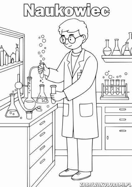 Naukowiec Kolorowanka - naukowiec w laboratorium z probówkami i kąpieliskiem