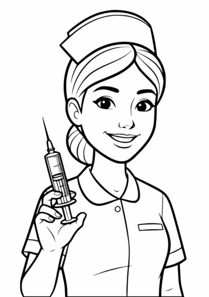 Pielęgniarka Kolorowanka z przyjazną pielęgniarką trzymającą strzykawkę