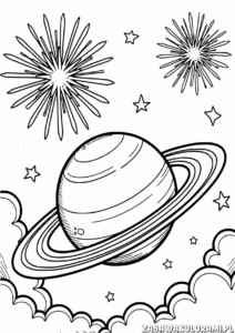 Kolorowanka z planetą Saturn, gwiazdami i galaktykami w kosmosie.