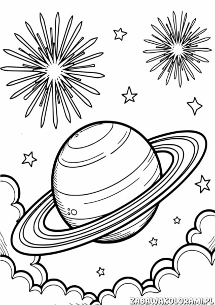 Kolorowanka z planetą Saturn, gwiazdami i galaktykami w kosmosie.
