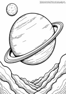 Kolorowanka przedstawiająca planetę Saturn z pierścieniami i księżycem w kosmosie