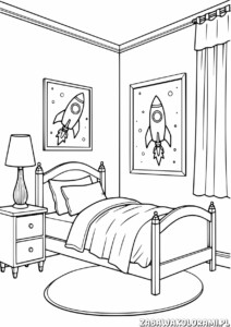 Pokój małego kosmonauty z łóżkiem, lampami i rakietami na ścianie