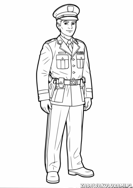 Policjant Kolorowanka do druku - policjant w mundurze, kolorowanka dla dzieci.