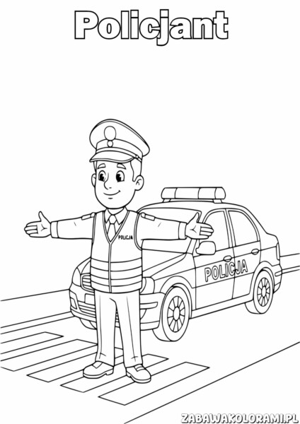 Policjant Kolorowanka - policjant w mundurze obok samochodu policyjnego