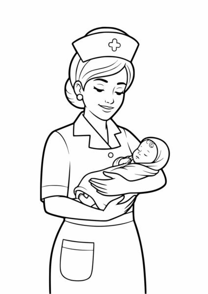 Położna Kolorowanka - położna trzymająca niemowlę