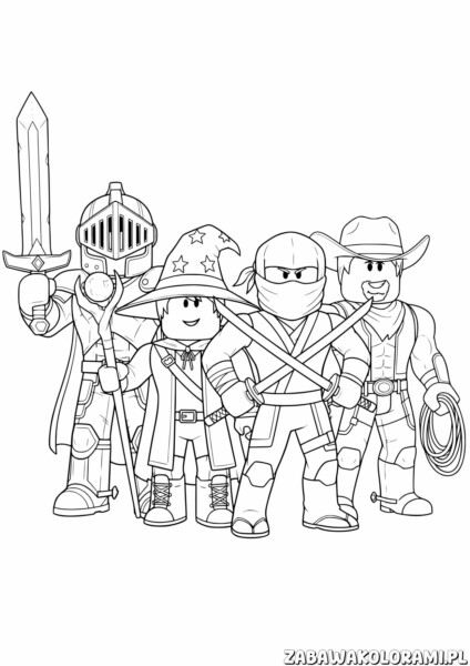 Postacie Roblox Kolorowanka: rycerz, magik, ninja i kowboj gotowi do zabawy