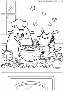 Pusheen Kolorowanka: Pusheen i przyjaciel gotują w kuchni