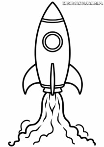 Rakieta kosmiczna z okrągłym okienkiem i płomieniami podczas startu