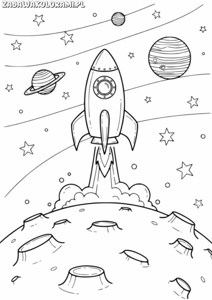 Rakieta kosmiczna startująca z Księżyca, otoczona planetami i gwiazdami