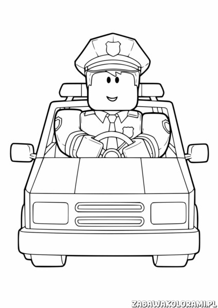 Roblox Kolorowanki - Policjant w samochodzie, kolorowanka z bohaterem w mundurze policjanta