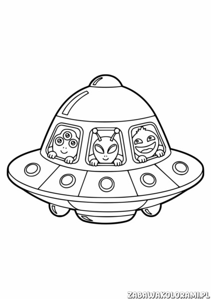 Kolorowanka przedstawiająca statek UFO z trzema kosmitami w oknach