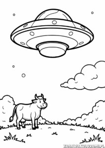 Kolorowanka przedstawiająca statek kosmiczny nad krową na zielonej polance