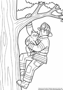 Strażak Kolorowanka ratujący kota na drzewie