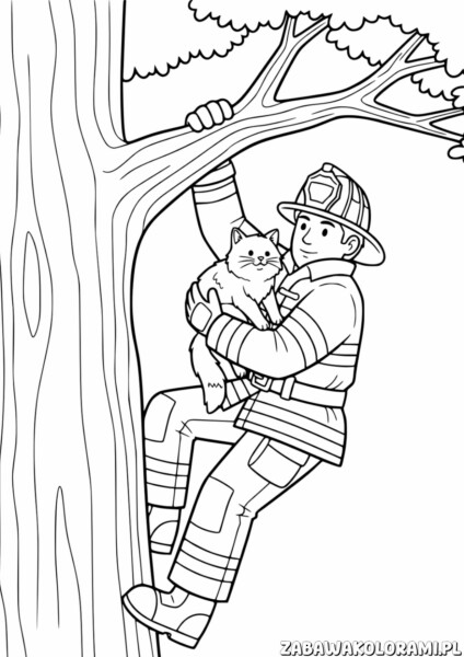 Strażak Kolorowanka ratujący kota na drzewie