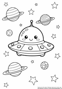 Kolorowanka przedstawiająca UFO, planety, gwiazdy i księżyc