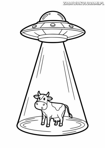Kolorowanka przedstawiająca krowę w UFO