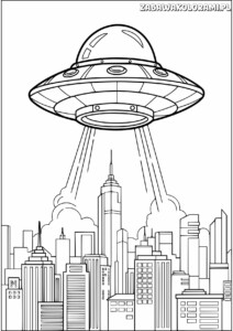 UFO nad miastem z promieniami świetlnymi