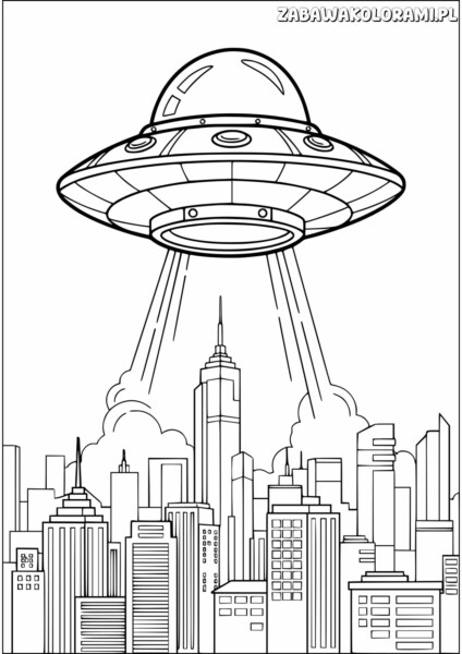 UFO nad miastem z promieniami świetlnymi