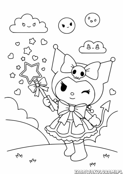 Wróżka Kuromi Kolorowanka - wróżka z różdżką otoczona gwiazdami i chmurami
