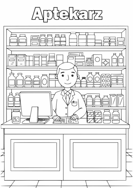 Aptekarz Kolorowanka: aptekarz w białym fartuchu pracuje w aptece pełnej butelek i pudełek