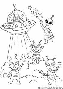 Kolorowanka z ufoludkami i UFO w zabawnej scenie