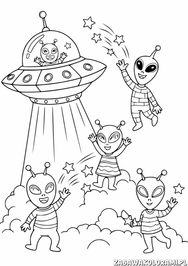 Kolorowanka z ufoludkami i UFO w zabawnej scenie
