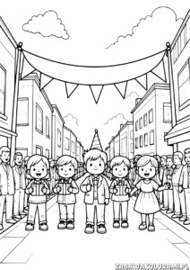 Urodzinowa Kolorowanka do druku przedstawiająca dzieci z prezentami i udekorowaną ulicę.