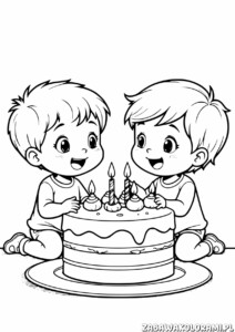 Urodzinowe Kolorowanki z dwoma dziećmi i tortem urodzinowym.