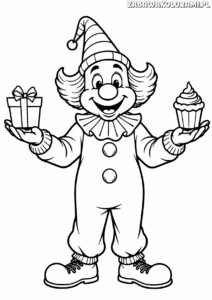 Urodziny Kolorowanka - Clownem: Kolorowanka przedstawiająca Clowna z prezentem i cupcake