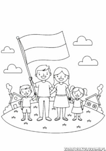 11 listopada kolorowanka - Święto Niepodległości. Rodzina i domy z flagą.