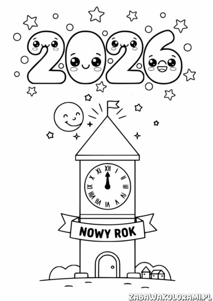 2026 Nowy Rok Kolorowanka: Kolorowanka z radosnym nowym rokiem, zegarem i magią