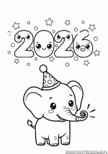 2026 Nowy Rok - Kolorowanka z Słoniem w kapeluszu, rysunek liniami